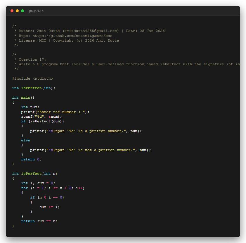 Question 17: Write a C program that includes a user-defined function named isPerfect with the signature int isPerfect(int num);.